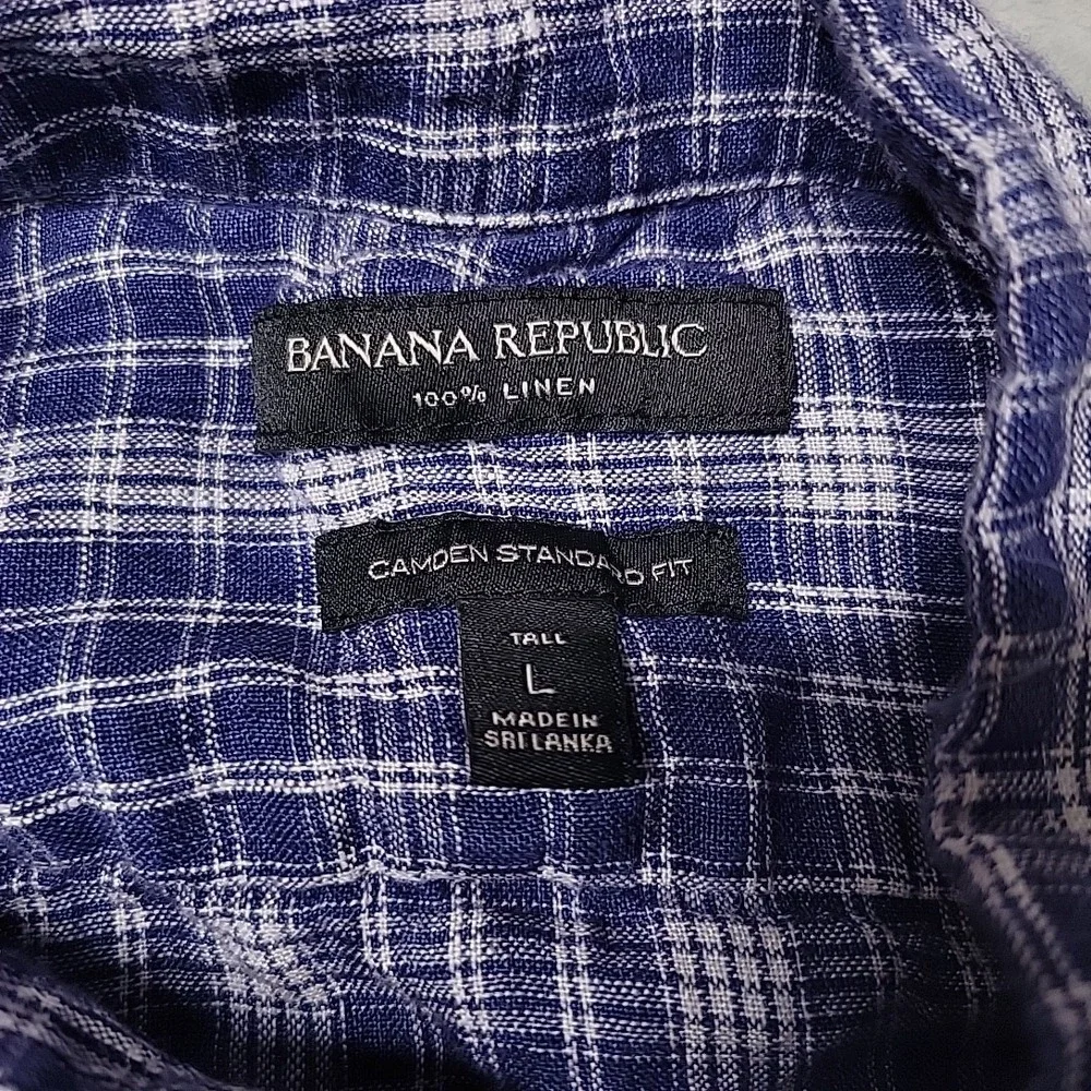 Banana Republic Shirt Mens Large Tall Blue 100% Linen Camden Plaid Button Down